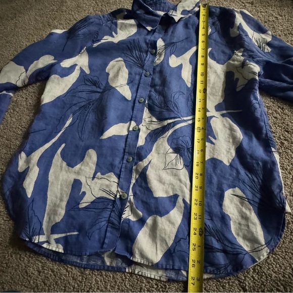 Chicos Linen Button Up Blouse Top Size 12 Floral Tropical Blue & White Coastal - Picture 10 of 12